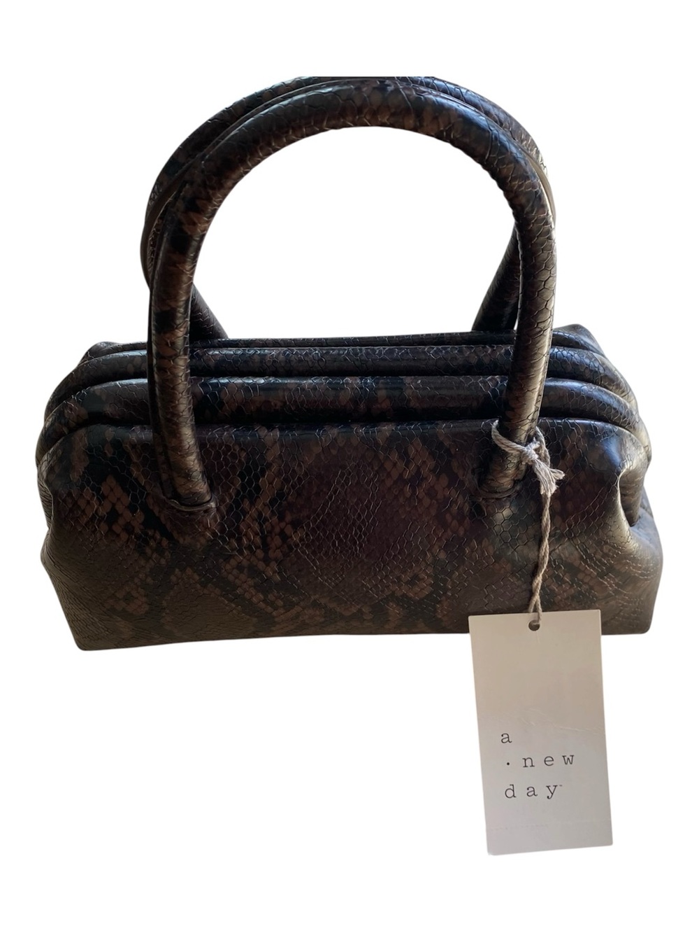 A New Day Brown Faux Snakeskin Frame Satchel Handbag Fall Autumn Mini Purse